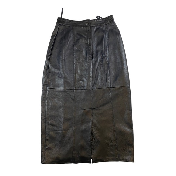 Vintage Black Leather High Waisted Midi Pencil Skirt Button Fly Women Size 6 - Picture 2 of 7